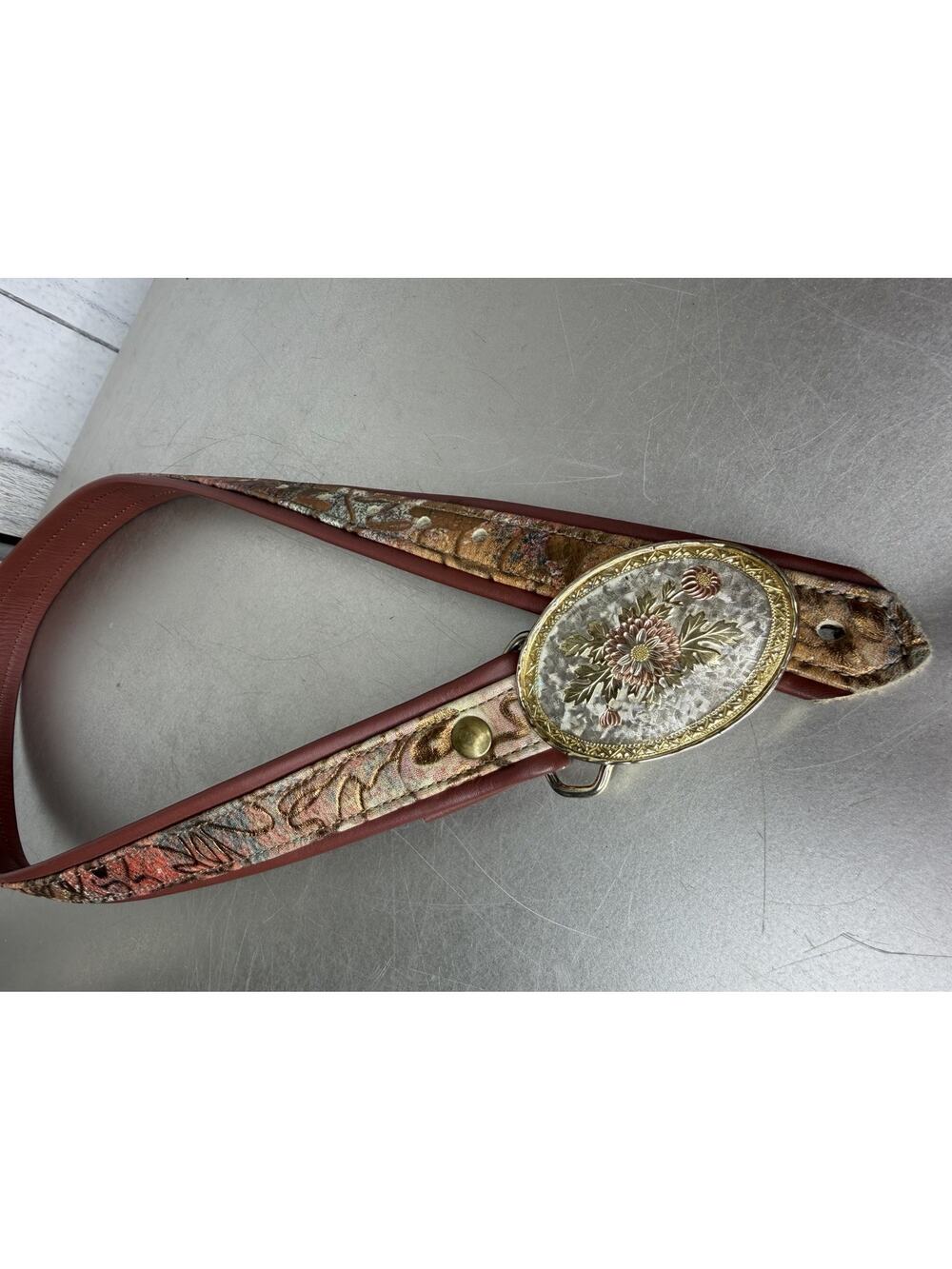 Vintage Belt Buckle Silver Rose Yellow Gold Etched Floral Metallic Belt XS